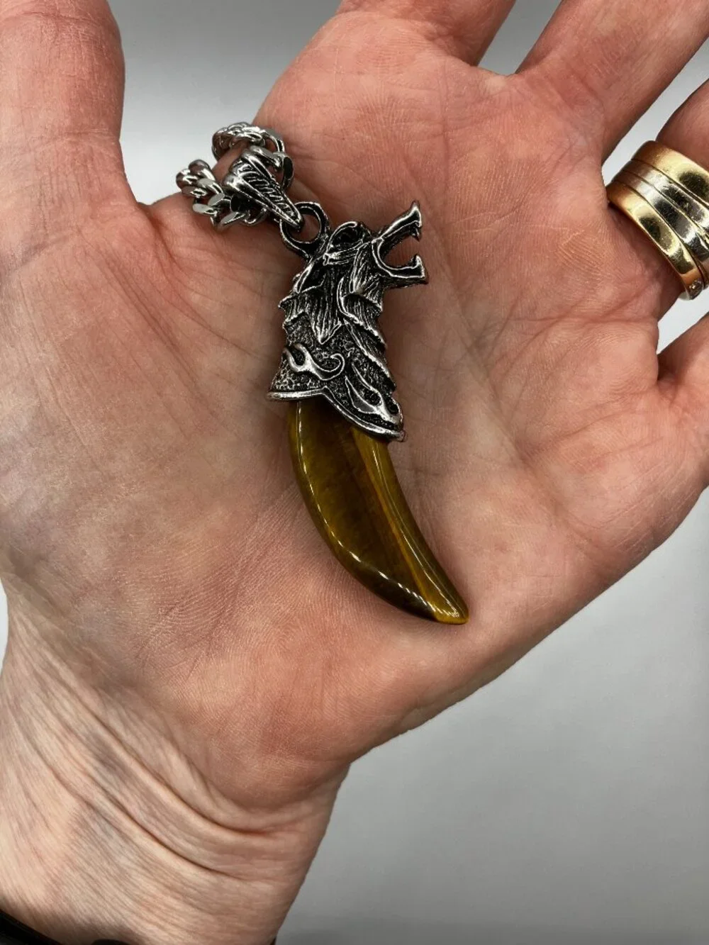 Tiger Eye Gemstone Tusk AND Men's Chunky 20 inch Stainless Steel Chain